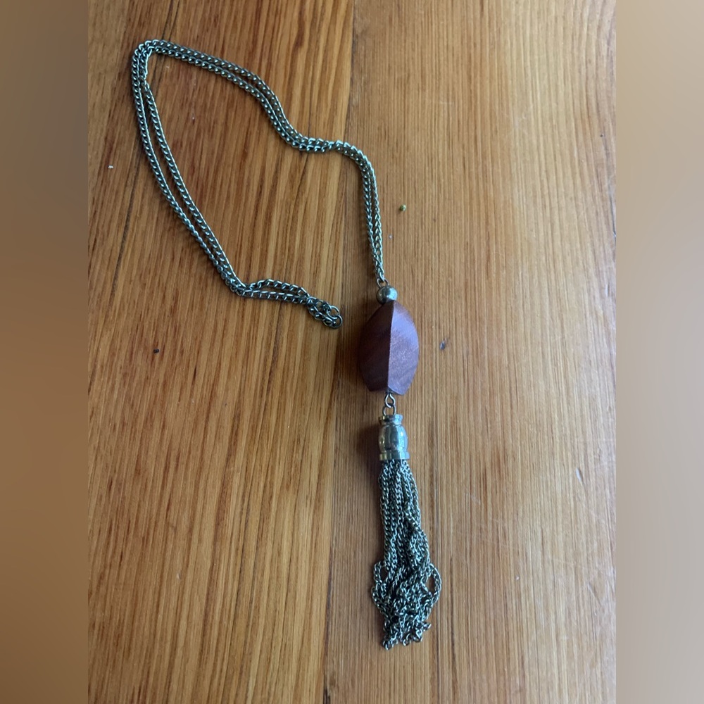 4 /20 $ SALE Tassel pendant Necklace - wood and gold tone